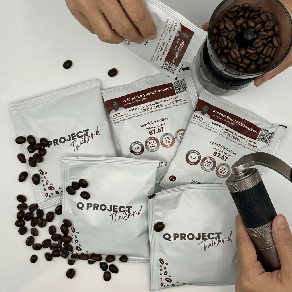 Q Project เมล็ดกาแฟคั่ว แพ็คละ 15 ซองย่อย ซองละ 20 กรัม รวม 300 กรัม Roasted Coffee Beans Pack of 15 sachets (20 g each)