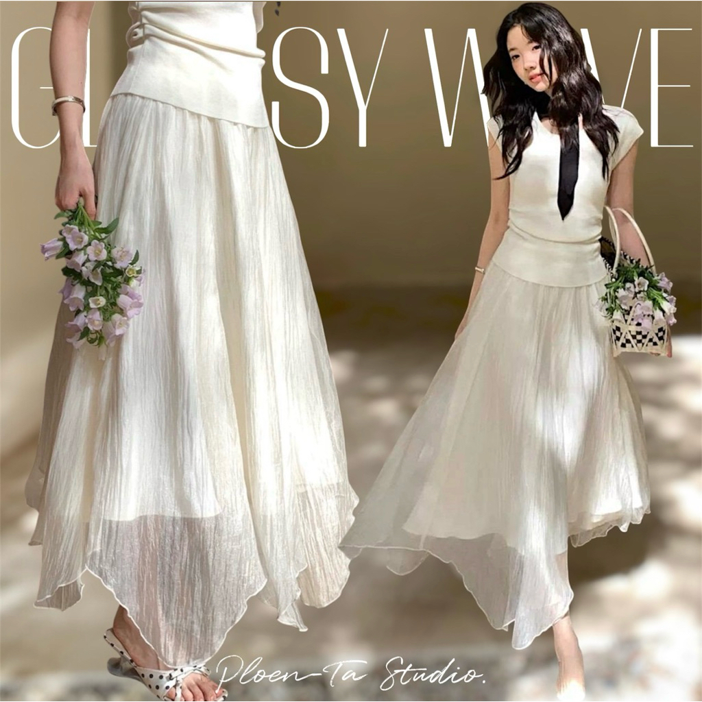 Glossy wave maxi skirt กระโปรงยาวผ้าชีฟองอัดยับ ชายฟันปลาสุดเก๋