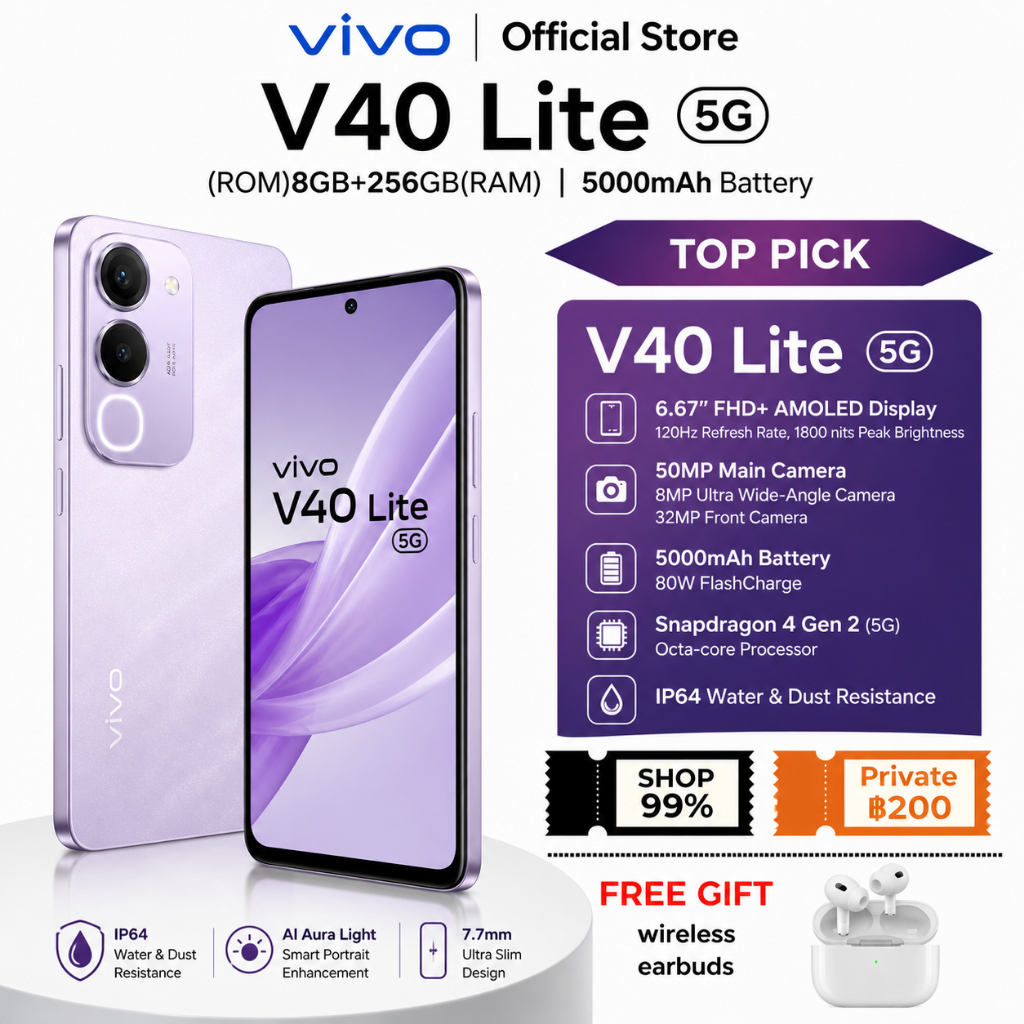 V40 Lite 5G สมาร์ทโฟน แรม 8GB ความจุ 256GB แบตอึด 5000mAh ชาร์จไว เครื่องศูนย์ไทย ประกันศูนย์ กล้องสวย รุ่นใหม่ล่าสุด