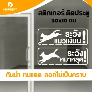 สติกเกอร์ เตือน ระวังหมาหลุด ระวังแมวแง๊น ระวังแมววิ่ง ขนาด 10*30 ซม ติดประตู กระจก PVC กันน้ำ