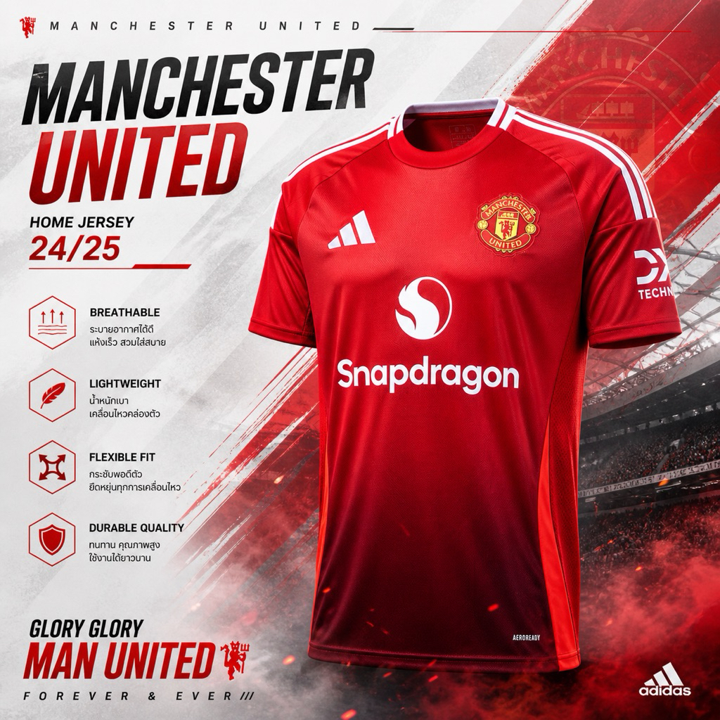 เสื้อฟุตบอลชุดเหย้า Manchester United 24/25 ของแท้100% (ป้าย 2,900)