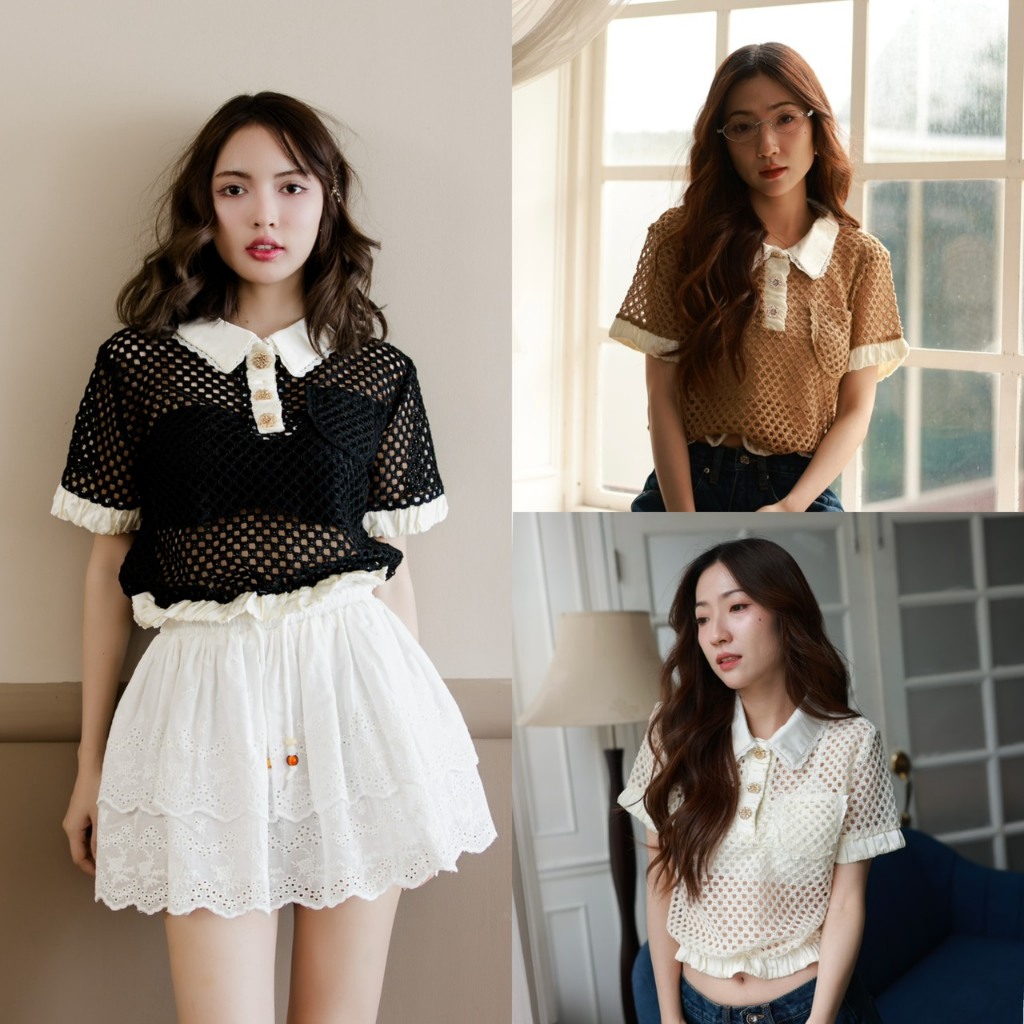 Flower brown Fleur polo knit เสื้อโปโลไหมพรมทอฉลุ