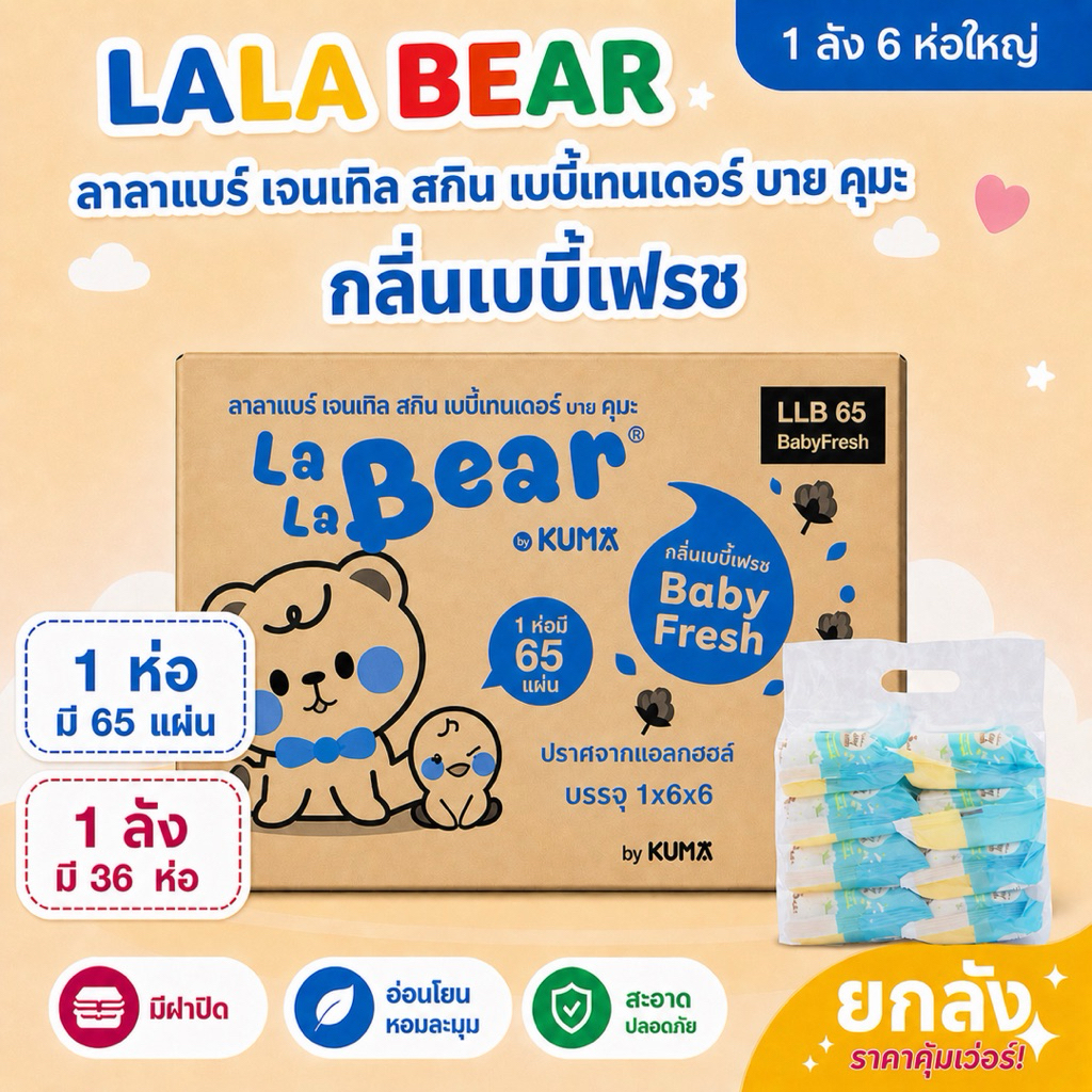 [ยกลัง] Lala Bear - ลาลาแบร์ กระดาษทิชชู่เปียก 65แผ่น ฝาล็อค 2 ชั้น กลิ่นเบบี้เฟรช (36ห่อ/ลัง)