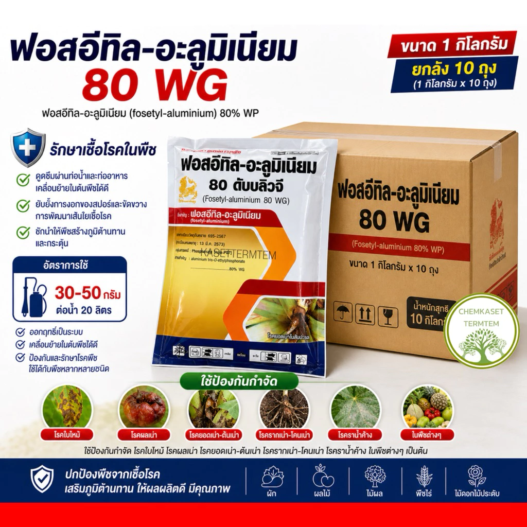 ละลายน้ำง่าย☘️ฟอสอีทิล 80% wG☘️1กิโลกรัม*10 กก (ยกลัง)โรครากเน่าโคนเน่า ผลเน่า ไฟท็อปธอร่า ราน้ำค้าง