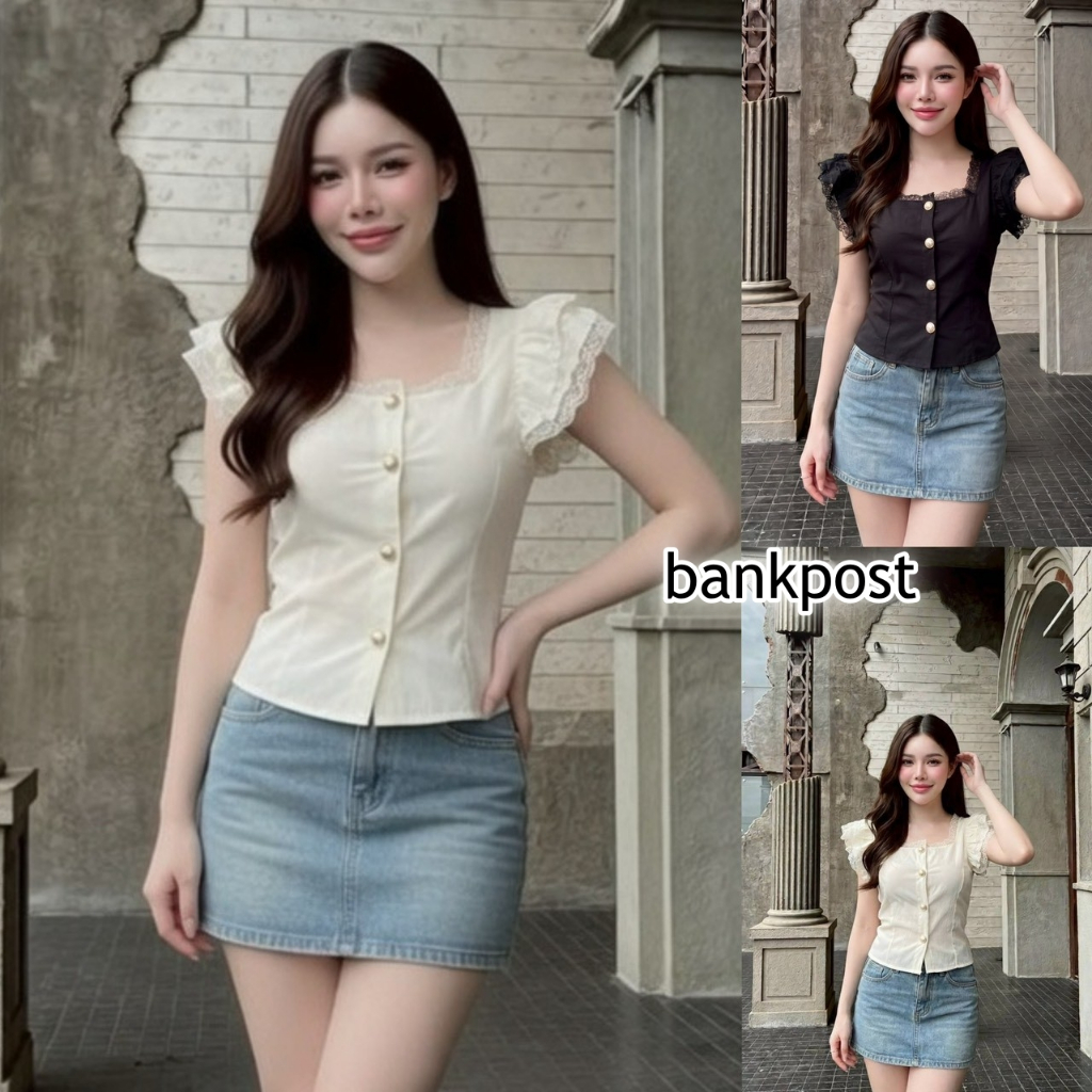 พร้อมส่งเสื้อแฟชั่นผ้าครัช คอเหลี่ยม  แขนระบาย ดีเทลแต่งลูกไม้ กระดุมหน้า สม๊อคหลัง เข้ารูป  สไตล์เวียดนาม ใส่แมท  LG164