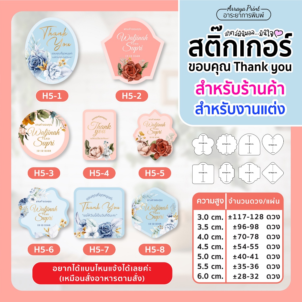 สติ๊กเกอร์ขอบคุณ งานแต่ง งานเกษียณ H5-H8 ของชำร่วย PPกันน้ำ ไดคัท เปลี่ยนชื่อฟรี อาระยาการพิมพ์