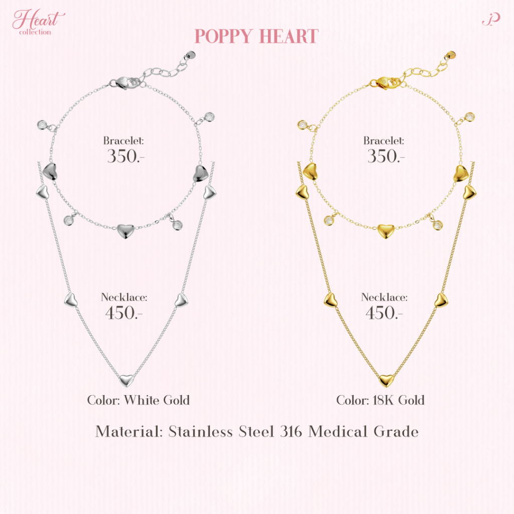 Poppy Heart  สร้อยคอ กำไล จี้หัวใจ น่ารักมินิมอล สแตนเลส316 ไม่ลอก ไม่ดำ ของขวัญ ความหมายดี N0404 B0