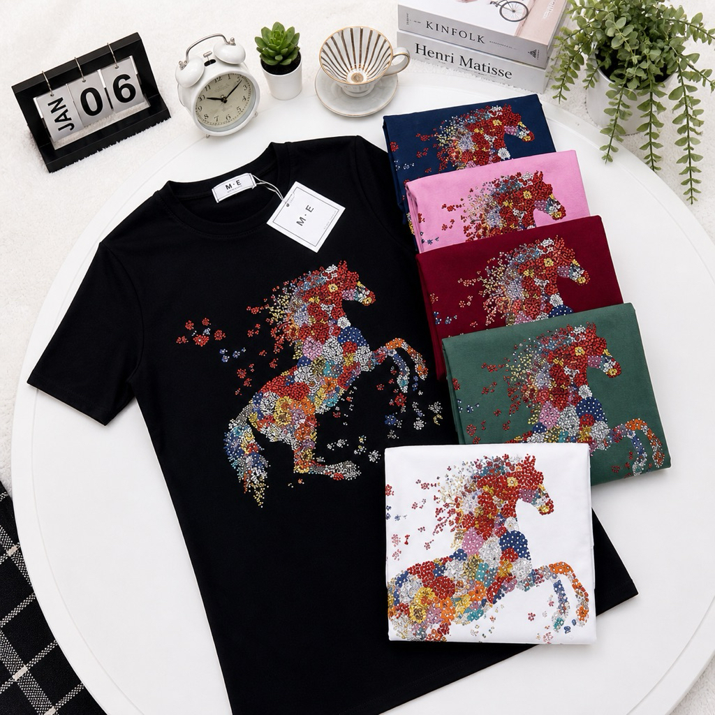 เสื้อยืดคอกลมแขนสั้น รีดเพชรลายน้องม้า ป้าย ME