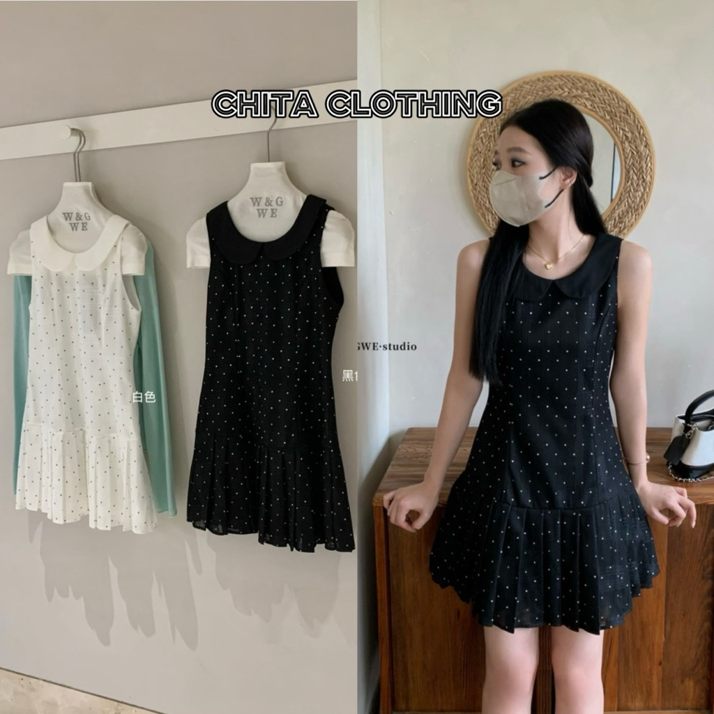 9330# เดรสสั้นแขนกุด ลาย polka dot งานซิปหลัง ใส่กระโปรงต่ออัดพลีท มีซับใน เนื้อผ้าดี ทรงสวย  TAG:WG.WE 🇰🇷
