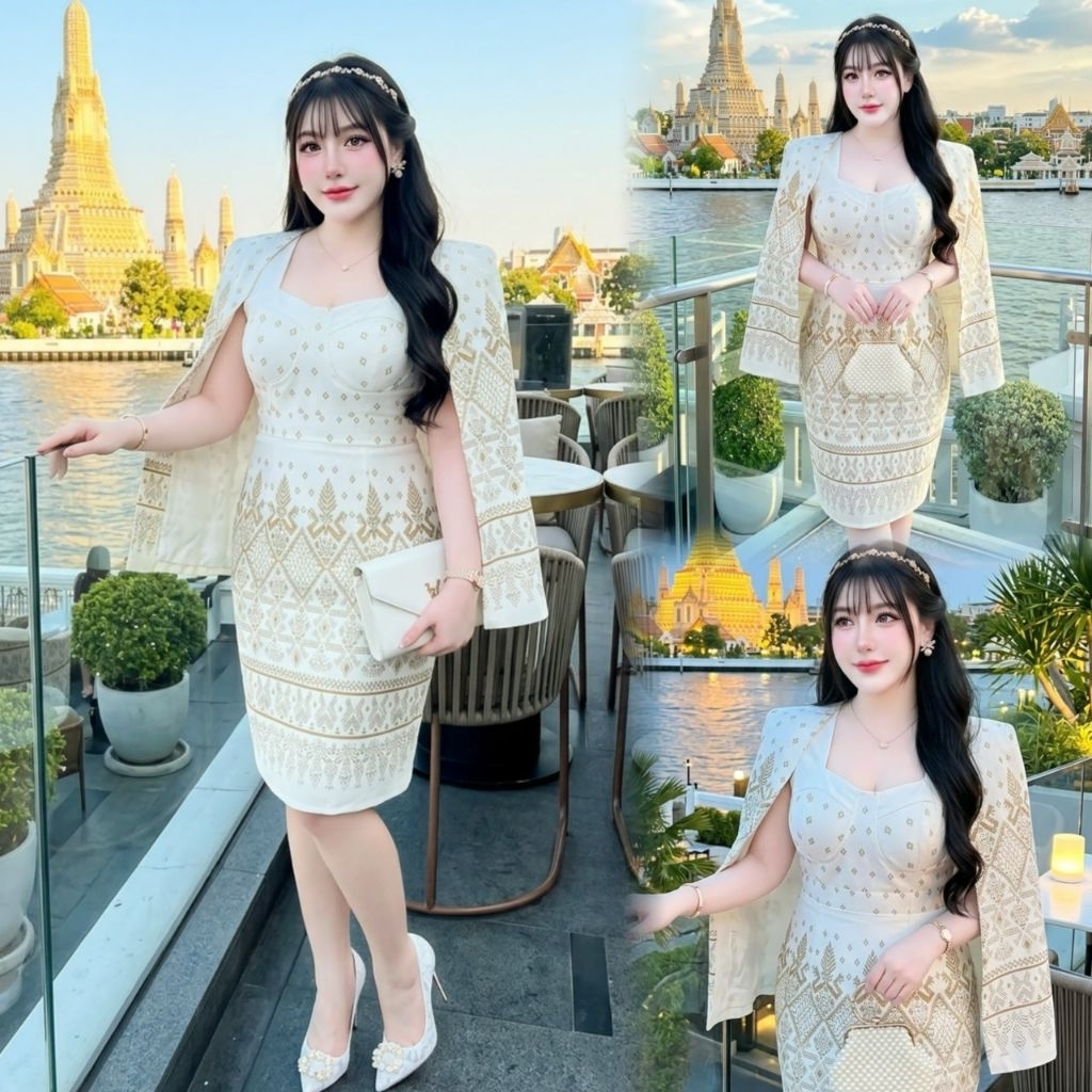 เดรสผ้าไทยคลุมไหล่ใส่ออกงานบุญงานบวชสวยมากสาวอวบ