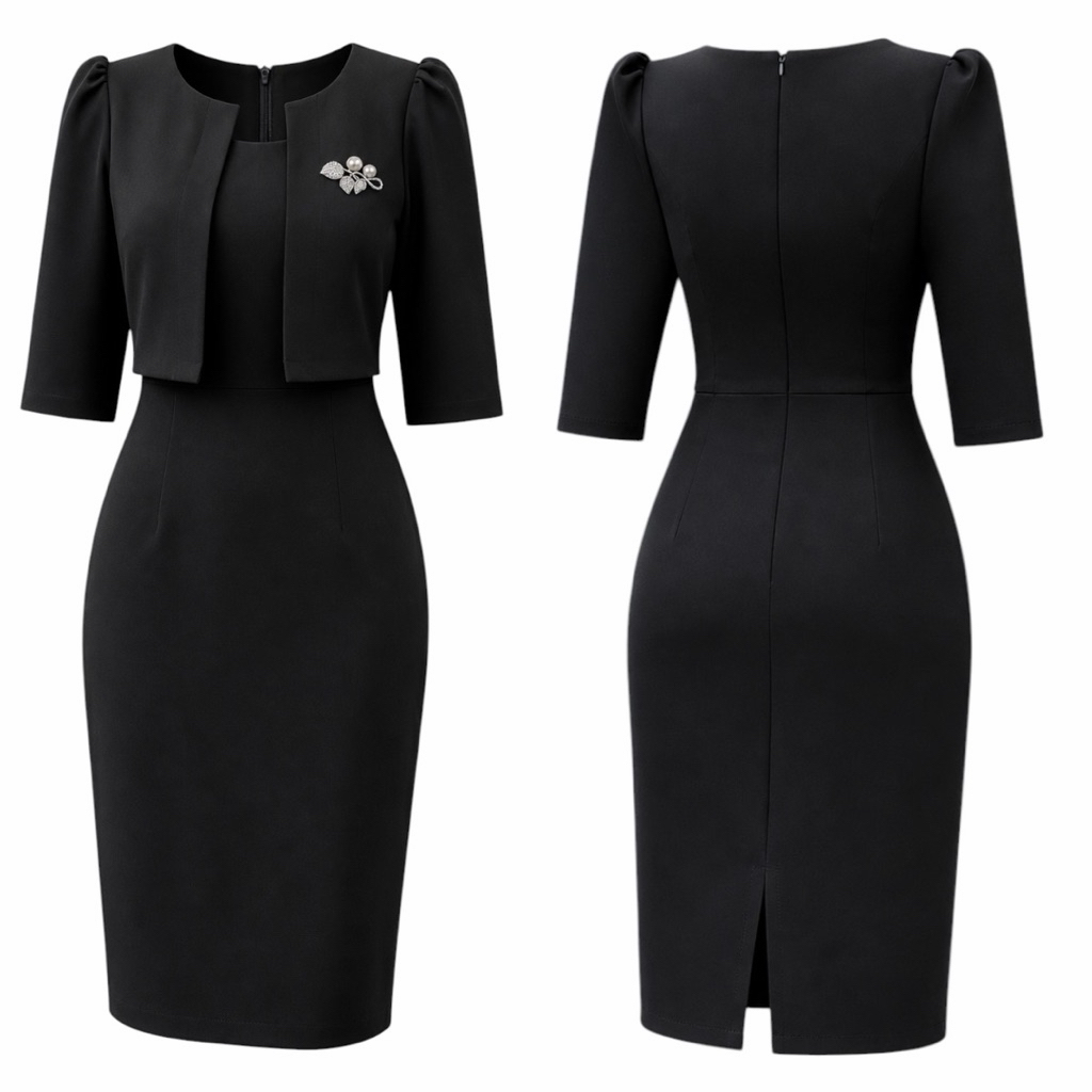 ชุดเดรสกั๊กเเขนสามส่วนกระโปรงทรงสอบผ้าเปเป้S-2XL