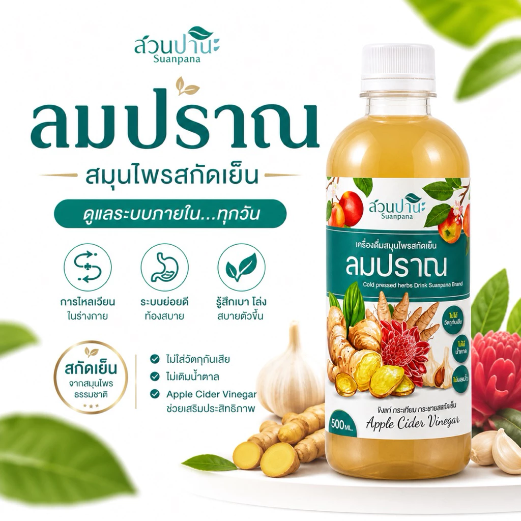 สมุนไพรลมปราณ สวนปานะ 250 / 500 ml. | สมุนไพรสกัดเย็น ขิง กระเทียม กระชาย ผสาน Apple Cider Vinegar