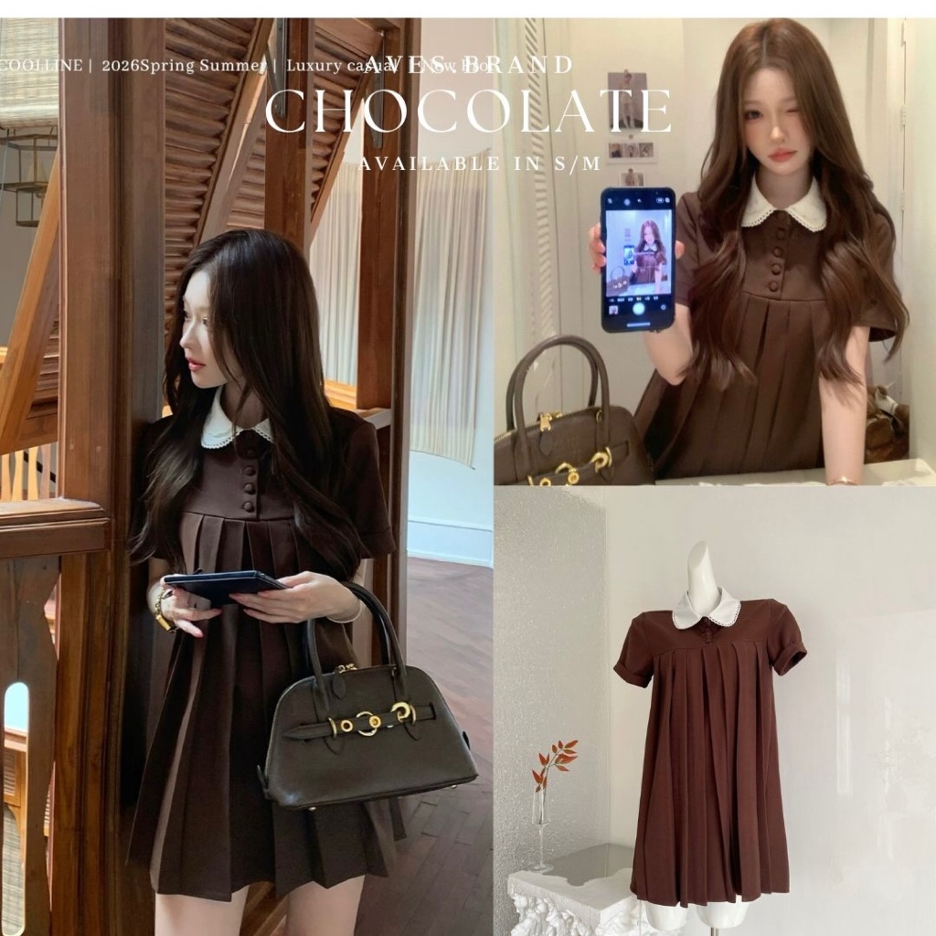 AVES.BRAND CHOCOLATE DRESS มินิเดรสตุ๊กตา สีน้ำตาล คอปกสีขาว มิวมิว