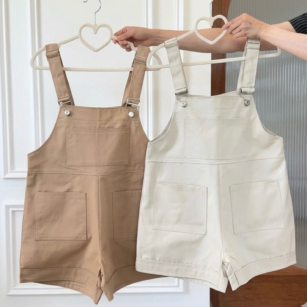 เอี้ยมกางเกงขาสั้น 3 กระเป๋า Mini Overalls ผ้าแคนวาสอะไหล่เหล็กปรับได้ น่ารักมาก #เอี๊ยมขาสั้น
