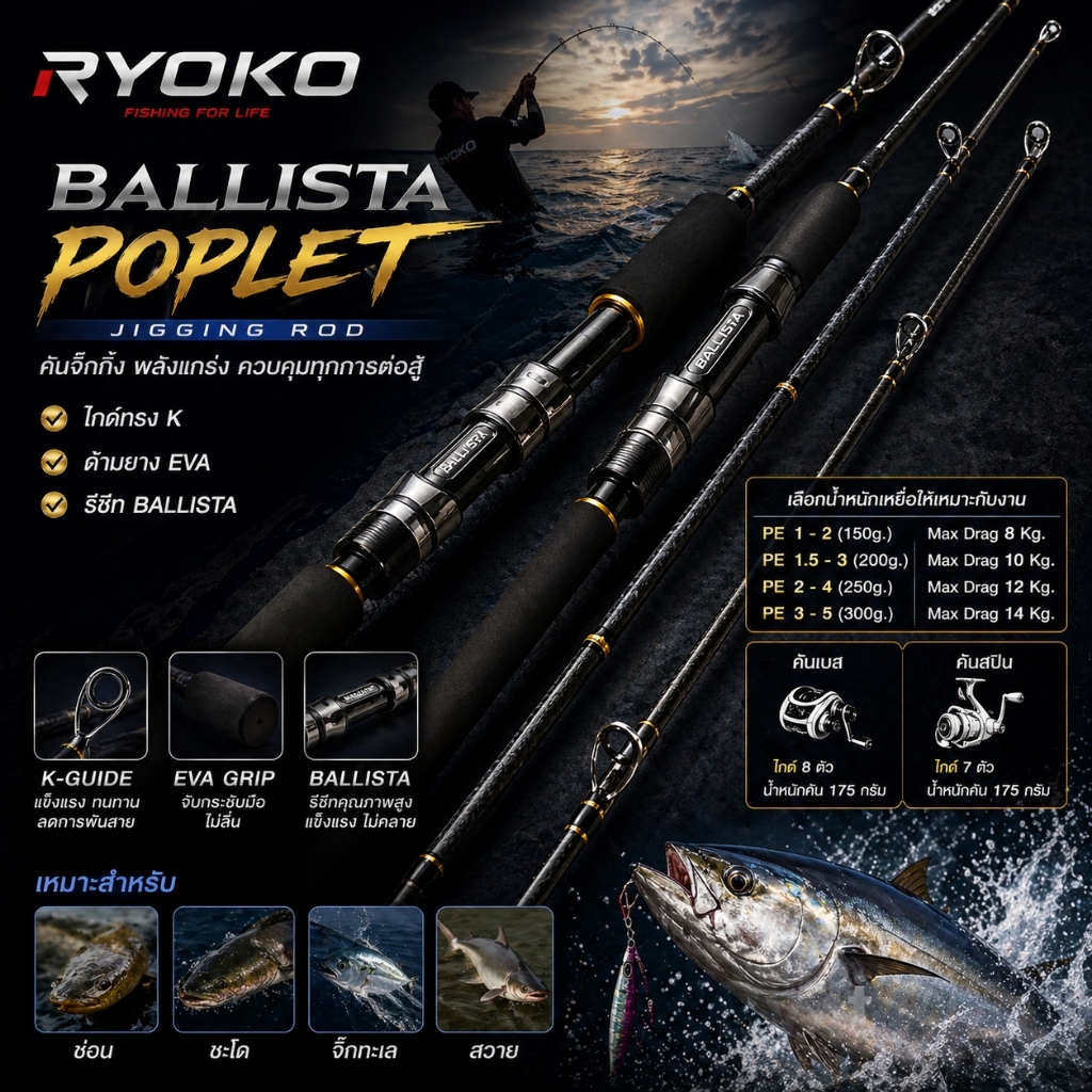 [ ของแท้ ]  คันตีเหยื่อปลอม JIGGING RYOKO BALLISTA POPLET ป็อปเพล็ต ยาว 6 ฟุต
