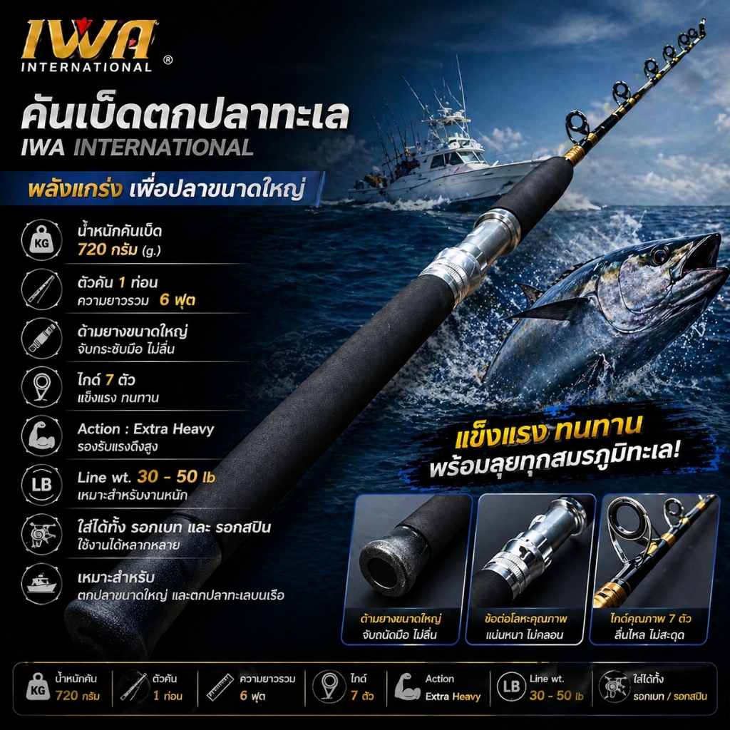 [ ของแท้ ] คันเบ็ดตกปลา IWA International 6 ฟุต 1 ท่อน Action Heavy Line 30-50LB คันปลาใหญ่ คันตกปลาทะเลบนเรือ