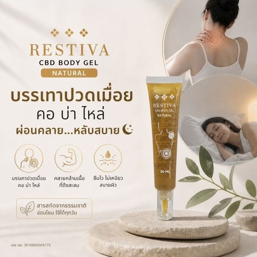 RESTIVA Body Gel เจลนวดสมุนไพร นาโนเจล ซึมไว ไม่เหนียว บรรเทาปวดไมเกรน ปวดคอ บ่า ไหล่ ออฟฟิศซินโดรม มีงานวิจัยรองรับ