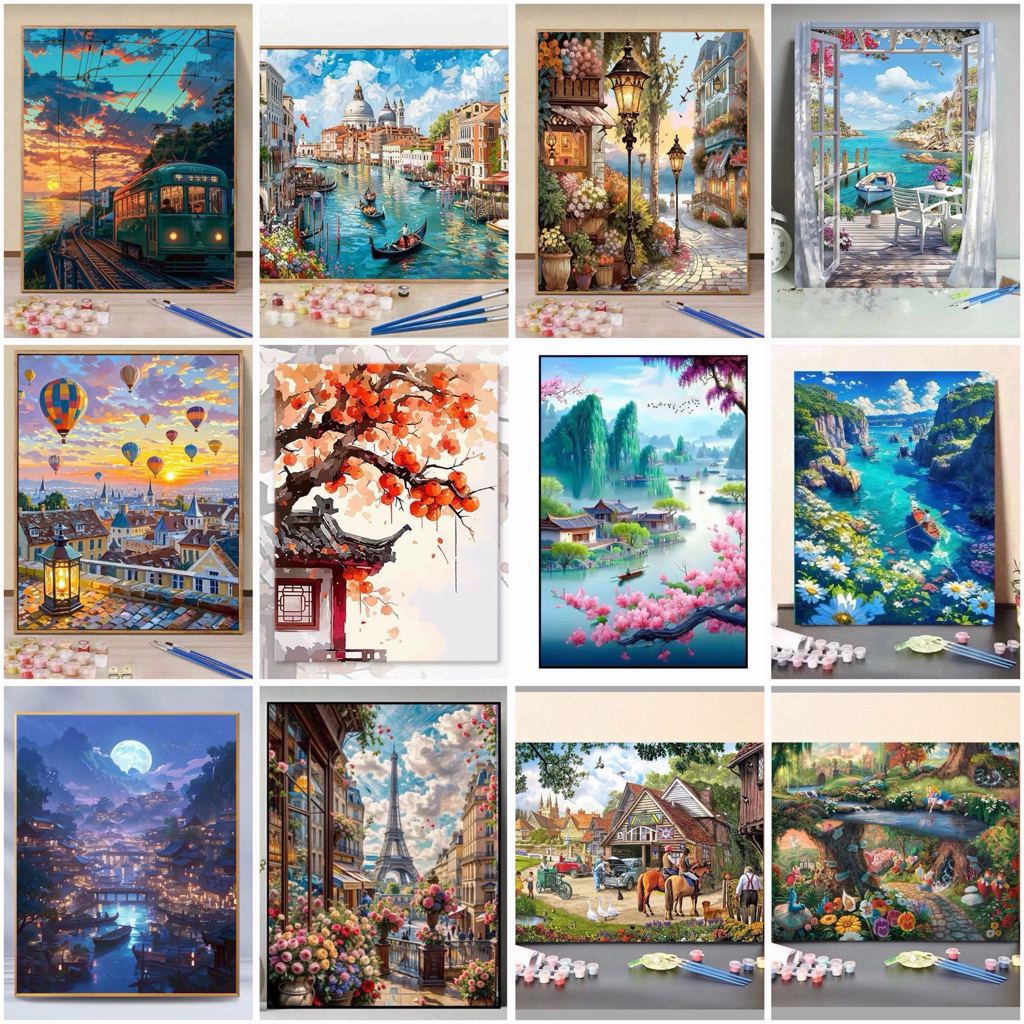 ภาพระบายสีตามตัวเลข ขึงเฟรมไม้พร้อมอุปกรณ์ ขนาด 40×50CM พร้อมกรอบ ของขวัญ DIY สำหรับตกแต่งบ้าน