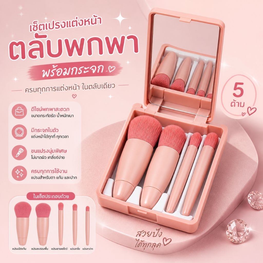 เซตแปรงตลับ พร้อมกระจก 5ด้าม ขนาดพกพา