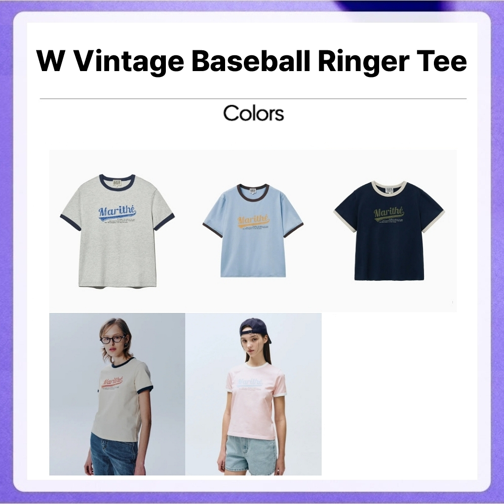 Marithe Francois Girbaud W Vintage Baseball Ringer Tee (Pink, Ivory, Navy, Sky Blue, Light Pink)
