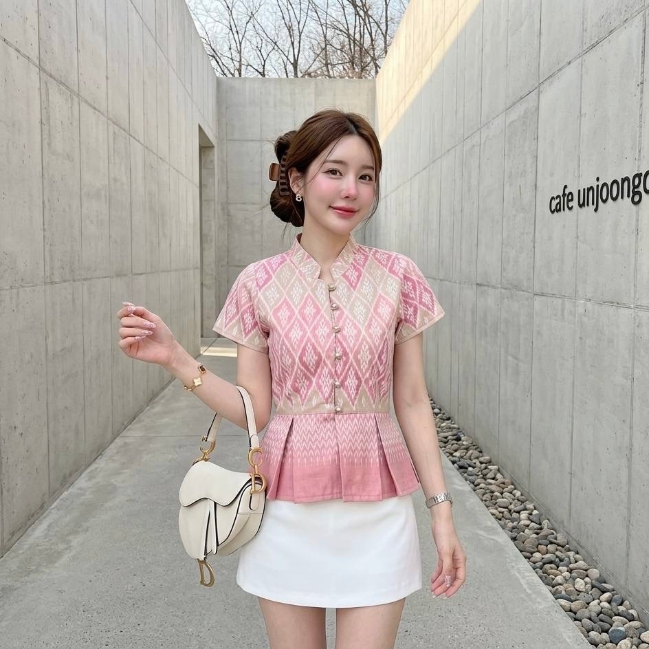 LANNATHAI - เสื้อคอจีนระบายเอว เสื้อผู้หญิง เสื้อใส่ทำงาน ทรงสวยเข้ารูป ผ้าฝ้ายพิมพ์ลายสวยมากค่ะ