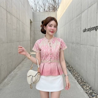 LANNA - เสื้อคอจีนระบายเอว เสื้อผู้หญิง เสื้อใส่ทำงาน ทรงสวยเข้ารูป ผ้าฝ้ายพิมพ์ลายสวยมากค่ะ