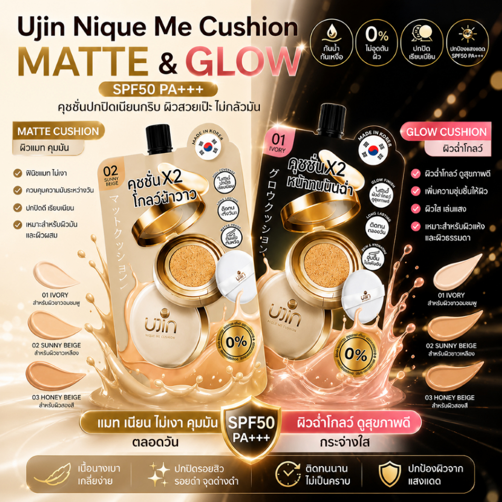 Ujin Nique Me Cushion Matte / Glow SPF50 PA+++ คุชชั่นคุมมัน ผิวแมท / งานผิวฉ่ำ ปกปิด กันน้ำ (1 ซอง)
