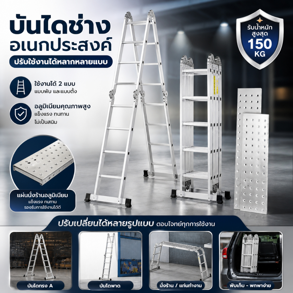 บันไดอลูมิเนียม บันไดพับได้ 20 ขั้น สูง 5.7 เมตร พร้อมแผ่นนั่งร้าน แข็งแรง ทนทาน รุ่น 4x5