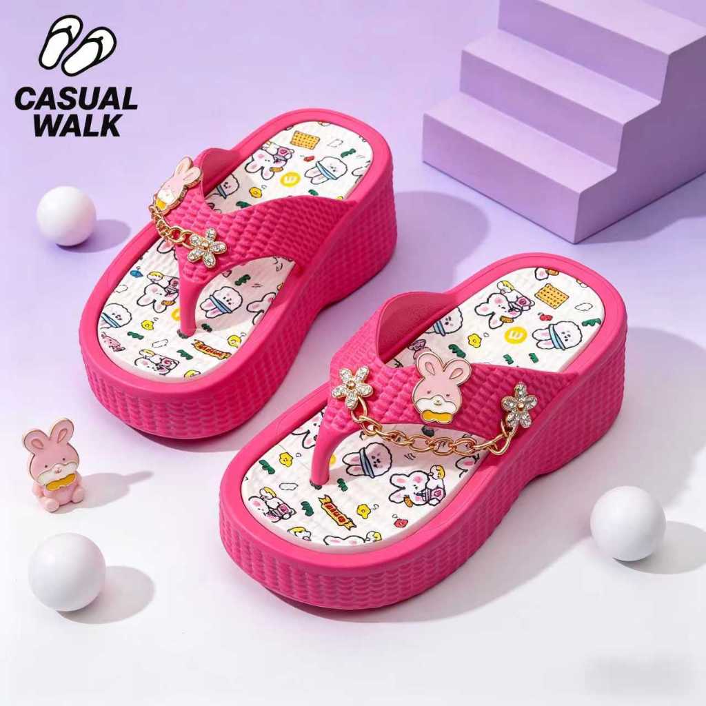 Casual WALKรองเท้าแตะเด็กผู้หญิงส้นสูงลายกระต่ายน่ารัก พื้น EVA นุ่มสบาย กันลื่น ฤดูร้อน ใส่ชายหาดและประจำวัน