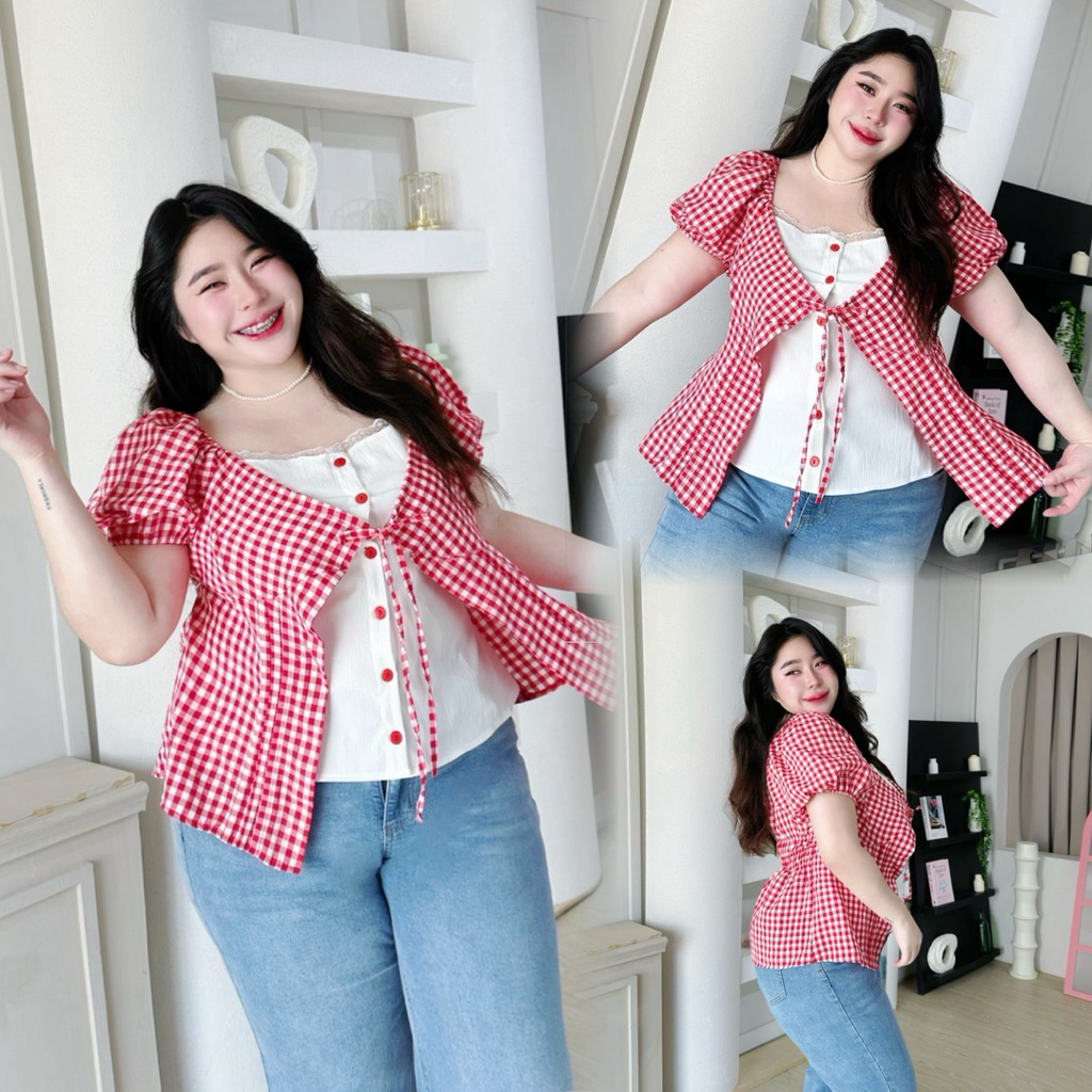 B23 เสื้อคอเหลี่ยมลายสก๊อต อก40-50 lanastore