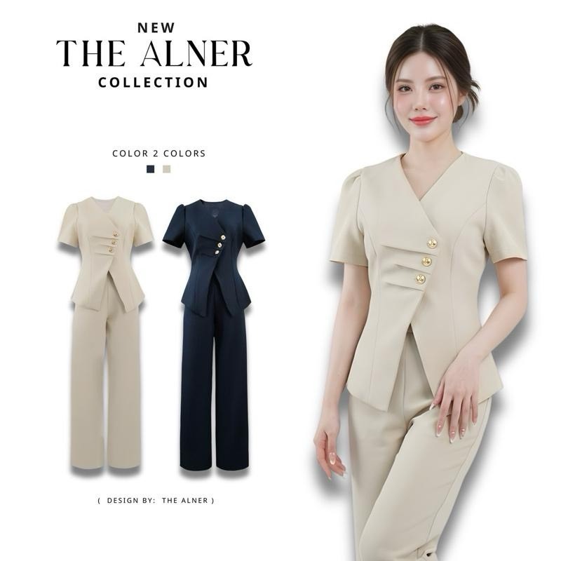 Thealner-AN050 (เซตเสื้อคอวีกระดุม3เม็ดกางเกงขายาว)