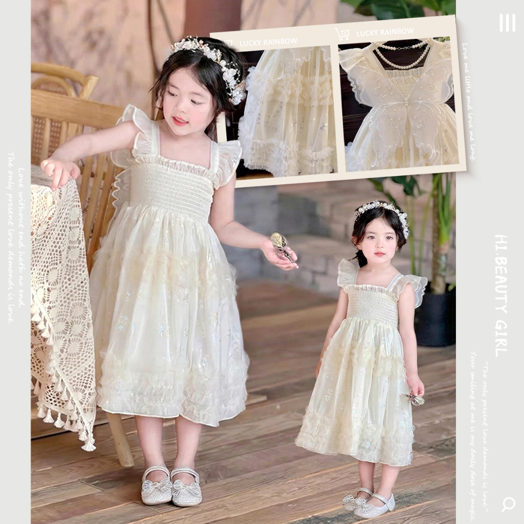 เด็กผู้หญิงชุดเดรสลูกไม้สีขาว สาวน่ารัก สลิงผีเสื้อเจ้าหญิง Tulle ชุด เหมาะกับงานปาร์ตี้วันเกิด  2-12 ปี