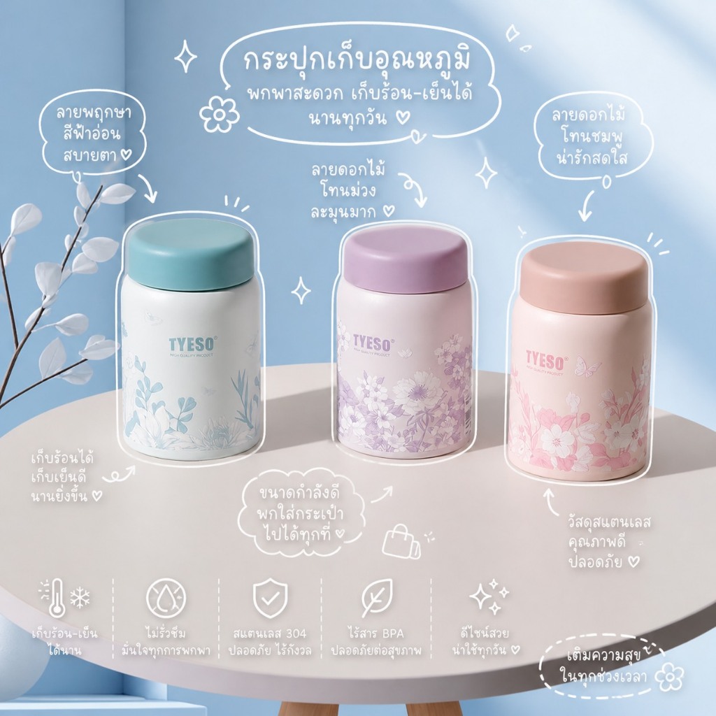 แก้วน้ำเก็บอุณหภูมิหูจับ Tyeso ฝาหมุนปิดสนิทแน่นคว่ำแก้วน้ำไม่หก ขนาด 280ml.  มีให้เลือก 3 สี