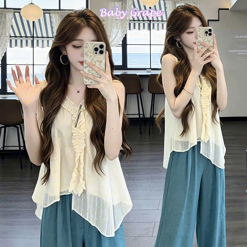 BG✨พร้อมส่ง！เสื้อกล้ามคอวีสไตล์ฝรั่งเศสเสื้อชิฟฟอนเปิดไหล่ บางเบาใส่สบายมากสไตล์หวานอ่อนโยน ใส่แล้วดูน่ารักมากค่ะ #99412
