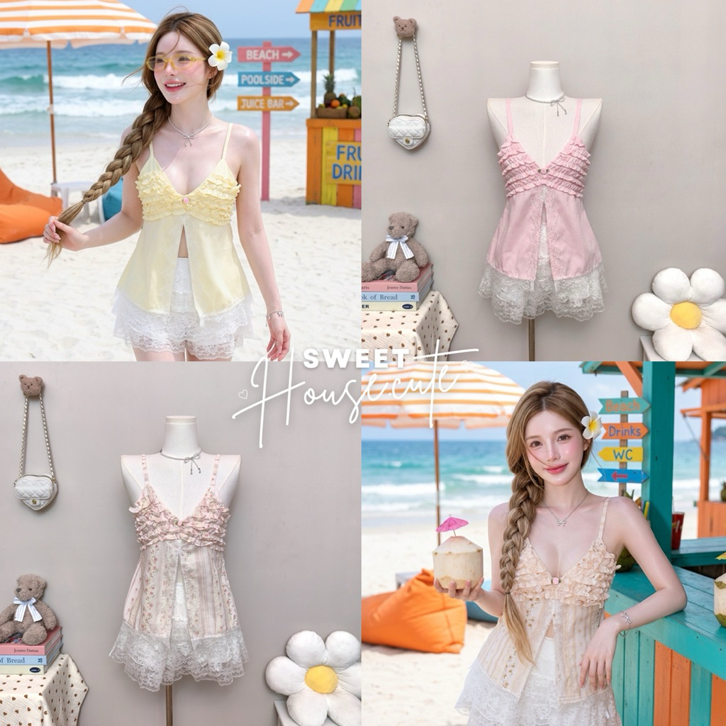 🧸 SweetHouse #720 🌻 เสื้อสายเดี่ยวคอวีผ่าหน้าแต่งด้วยดอกไม้กลางอก + กางเกงลูกไม้ระบาย 4 ชั้นน่ารักมากก