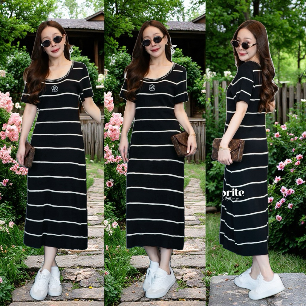 [พร้อมส่ง] Favorite เดรสไหมพรมลายขวางสุดคลาสสิก