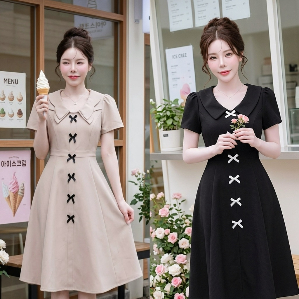 D62 เดรสปก 2 ชั้น แต่งโบว์ มีไซส์ S-3XL ความยาว 39-40 นิ้ว