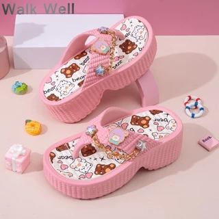 ✨พร้อมส่ง! WALK WELLฤดูร้อนสาว Flip Flop การ์ตูนหมีน้อยน่ารักรูปแบบดาวโซ่ตกแต่งวัสดุ EVA น้ำหนักเบาลื่นเล่นน้ำทนทาน
