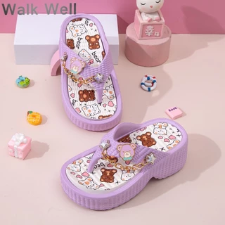 ✨พร้อมส่ง! WALK WELLฤดูร้อนสาว Flip Flop การ์ตูนหมีน้อยน่ารักรูปแบบดาวโซ่ตกแต่งวัสดุ EVA น้ำหนักเบาลื่นเล่นน้ำทนทาน