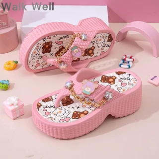 ✨พร้อมส่ง! WALK WELLฤดูร้อนสาว Flip Flop การ์ตูนหมีน้อยน่ารักรูปแบบดาวโซ่ตกแต่งวัสดุ EVA น้ำหนักเบาลื่นเล่นน้ำทนทาน