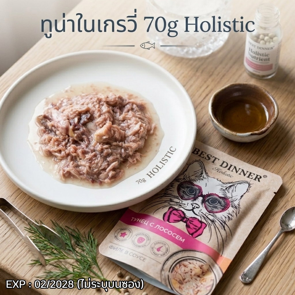 BEST DINNER ทูน่าและแซลมอนในน้ำเกรวี่ 70g อาหารแมวเปียก Holistic สูตรครบถ้วน สำหรับแมวโต