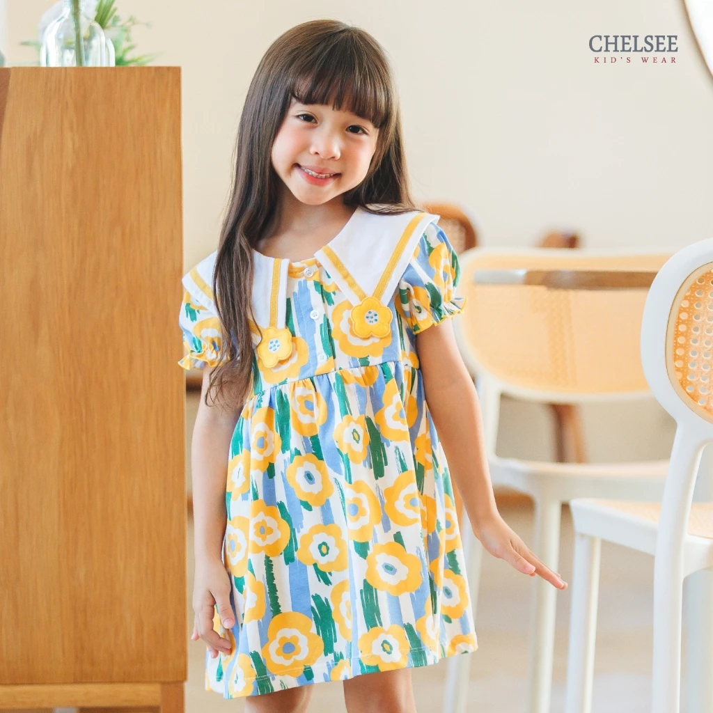Chelsee ชุดเดรสกระโปรง ปกแหลม แขนตุ๊กตา ลายดอกไม้ ผ้า 100%Cotton เด็กผู้หญิง อายุ 1.5-10ปี เสื้อผ้าเด็ก รุ่น 238264