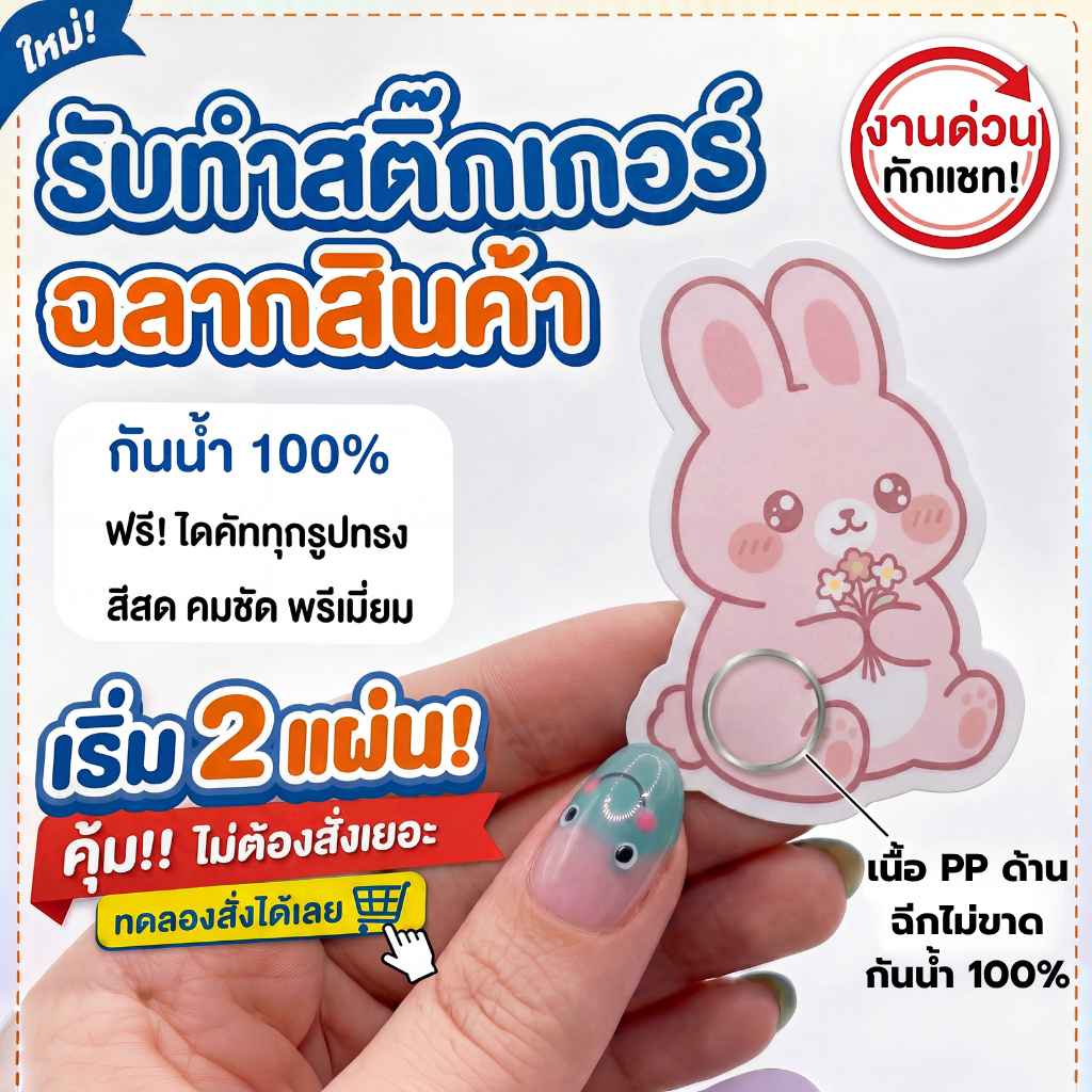 ฉลากสินค้า สติ๊กเกอร์ PP ด้าน กันน้ำ 100% พิมพ์ 5 สีพิเศษ CMYK+PINK สีสดพรีเมียม ไดคัท A3 งานโรงพิมพ์