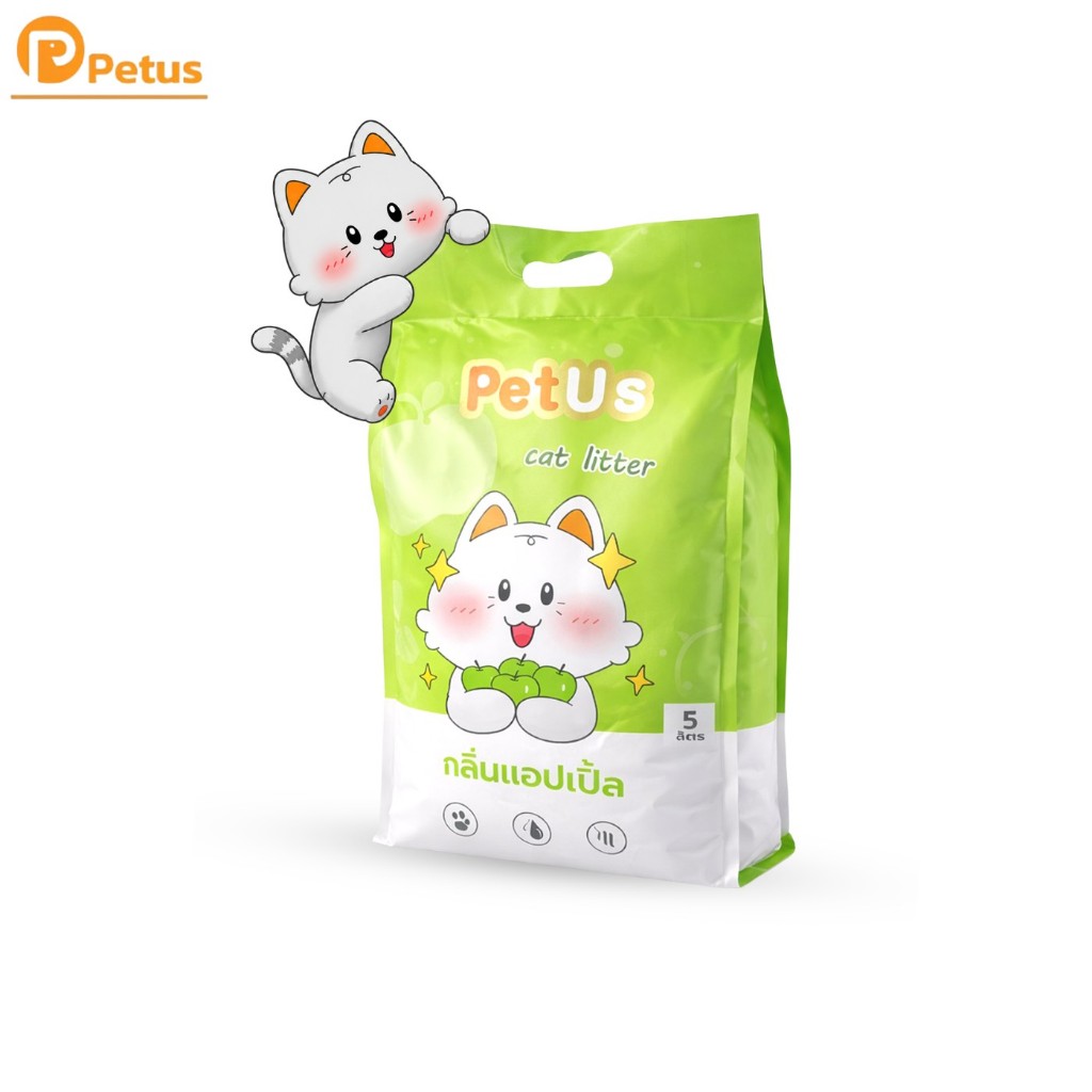 Petus Litter ทรายแมวเบนโทไนท์ ทรายแมว 5 ลิตร กลิ่นแอปเปิ้ล Cat litter ดูดซับเร็ว ควบคุมกลิ่นได้ดี 1 ถุง และ 3 ถุง