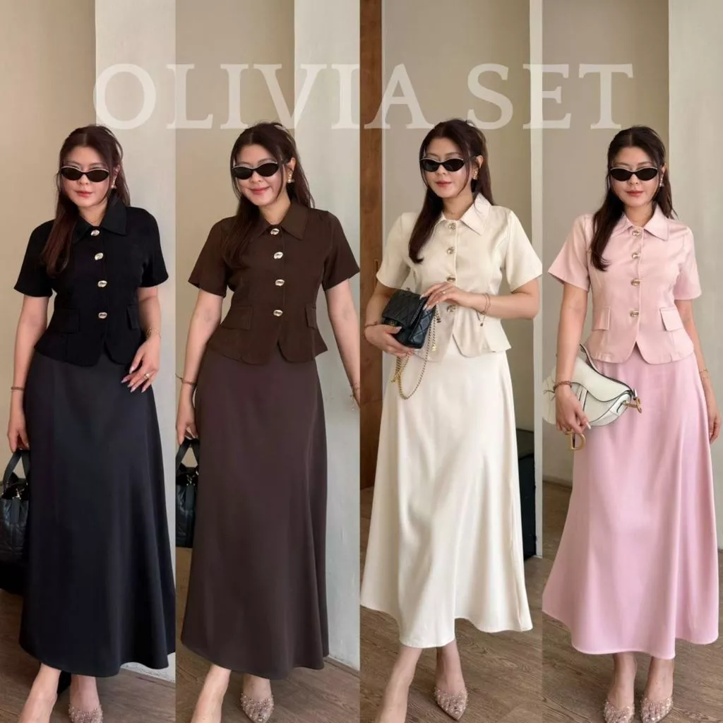 Olivia Set - 5 สี ชุดเซ็ทกระโปรงยาว ชุดเซ็มกระโปรงยาวงานป้าย เสื้อคอปกแขนสั้นแต่งกระดุมหน้า เรียบหรู BETTY (B066)