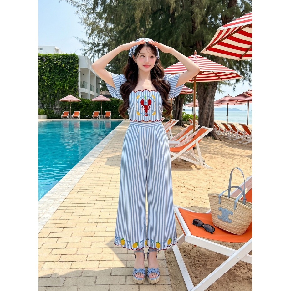 (มี3XL) สีฟ้า Lobster Summer Set เซ็ต 2 ชิ้นผ้าคอตตอนลายริ้ว เสื้อแขนสั้นปักลายกลางอก + กางเกงขายาวมีกระเป๋าข้าง