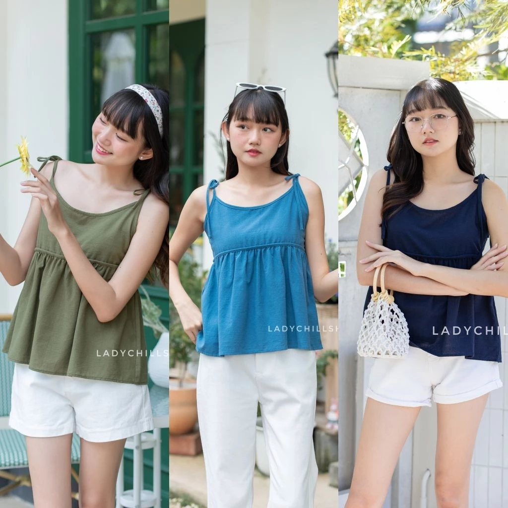 Coco top เสื้อสายเดี่ยวผูกไหล่ ทูโทน งานตัดทางร้าน นางแบบใส่งานจริงถ่าย Ladychillshop