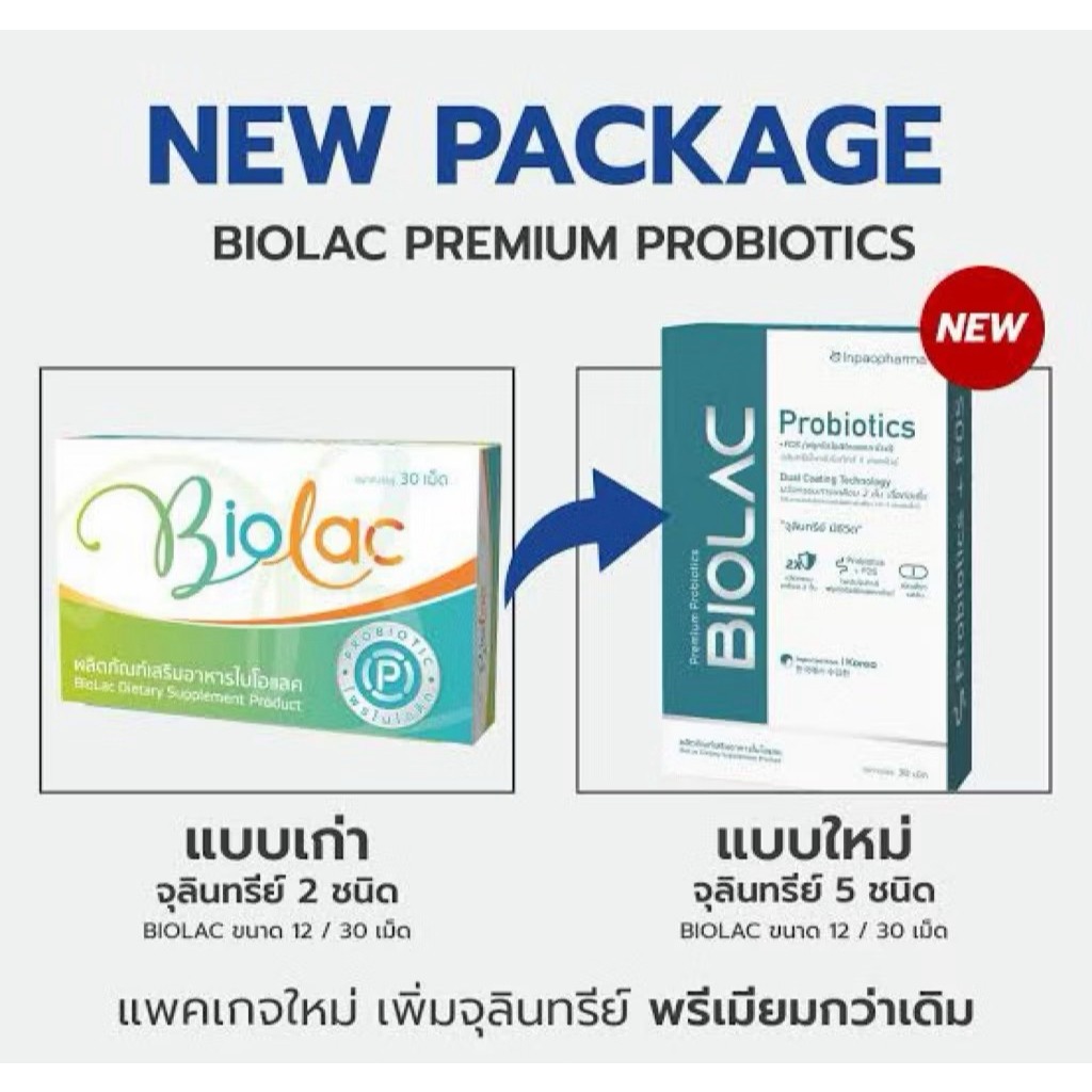 Biolac Probiotic12เม็ด,30เม็ด โปร5+1ปรับสมดุลระบบทางเดินอาหาร บรรเทาอาการกรดไหลย้อนและลำไส้อักเสบ ช่วยกระตุ้นภูมิคุ้มกัน