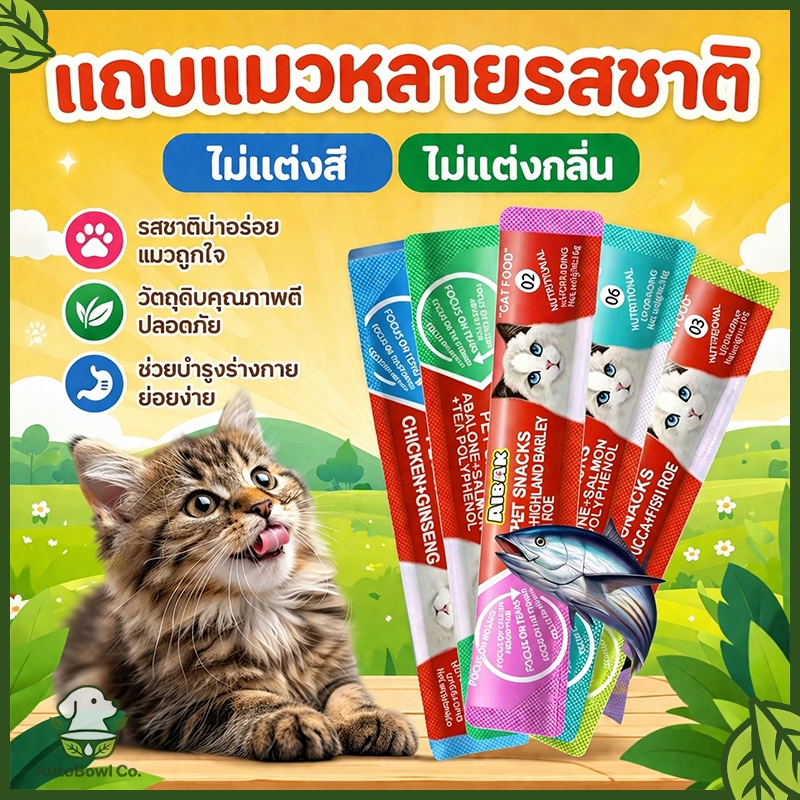 ขนมแมวเลีย บำรุงสุขภาพ 5 สูตร 1 แพ็ค 36 ซอง (ซองละ 16 กรัม) เป็นขนมกินเล่นสัตว์เลี้ยง