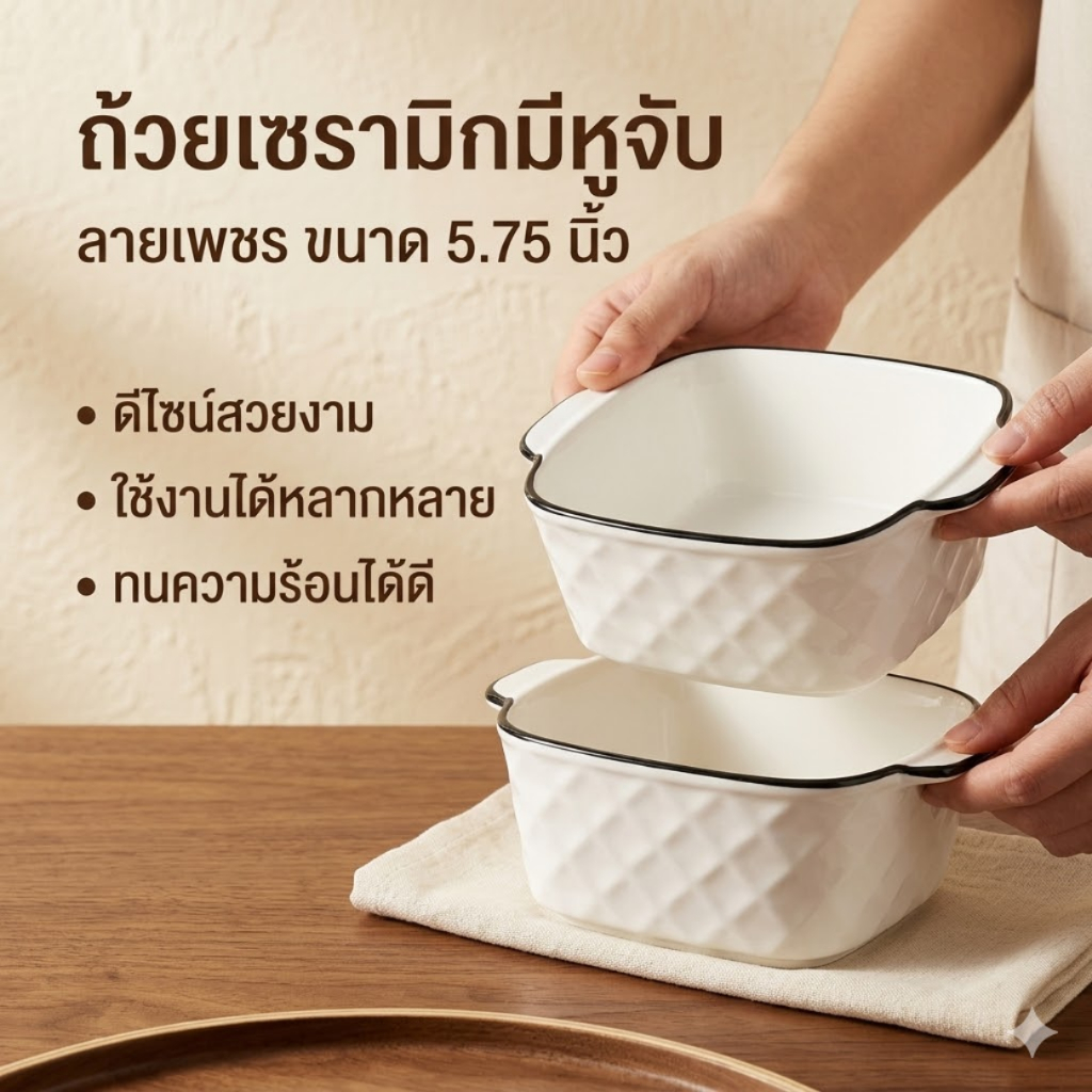ชามเซรามิก มีหูจับ n39 ทรงสี่เหลี่ยมลายเส้นตรง ตัดขอบดำ ขนาด 5.75 นิ้ว ดีไซน์สวยงาม ใช้งานง่าย ทนทาน เข้าไมโครเวฟได้